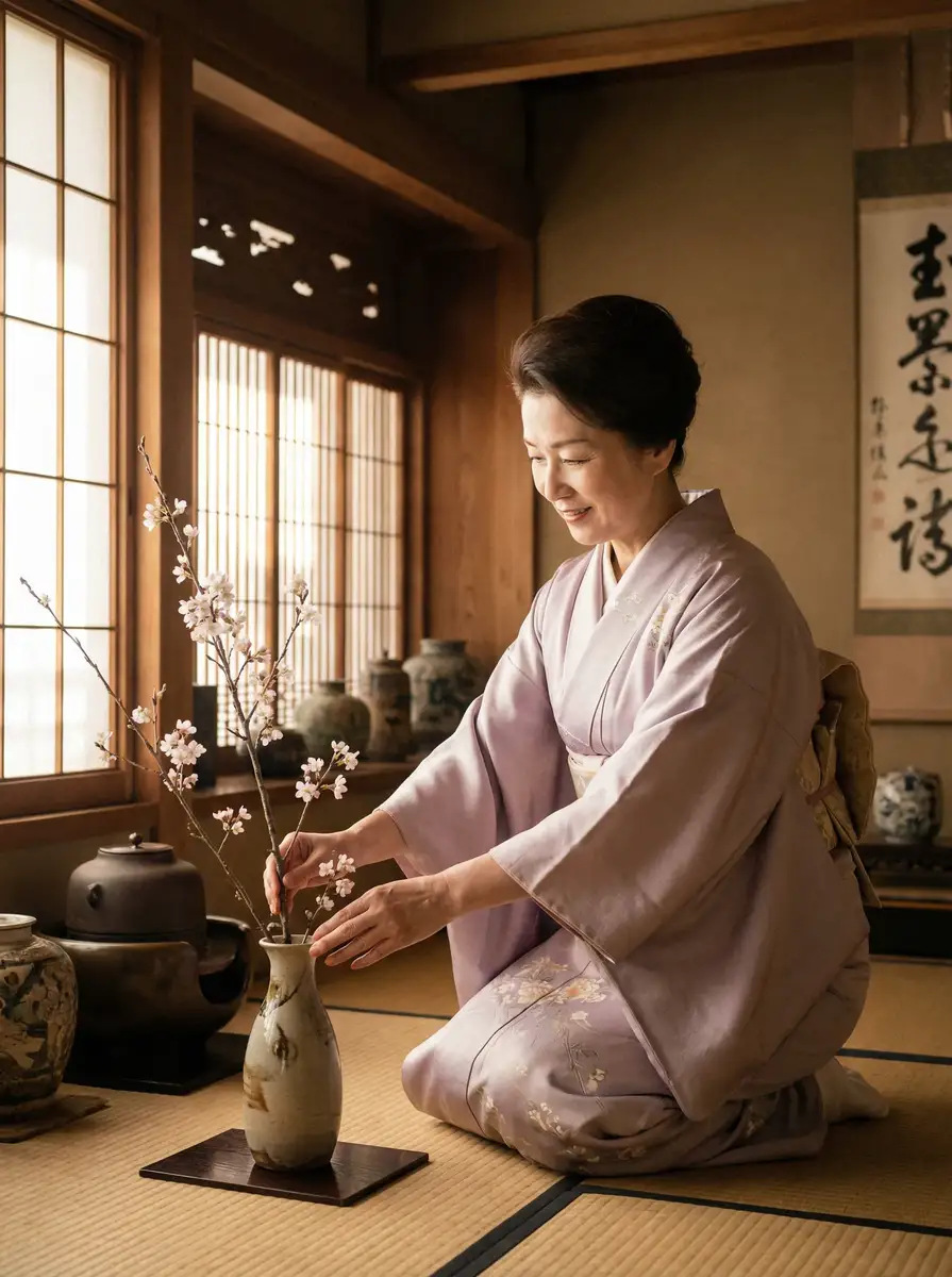一位优雅的 神秘视频 在和室中插花